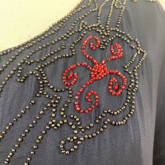 Antique 1920 Deco Beaded Dark Blue Silk Tunic Shift Dress Top Med Colorful Beads - Picture 3 of 16